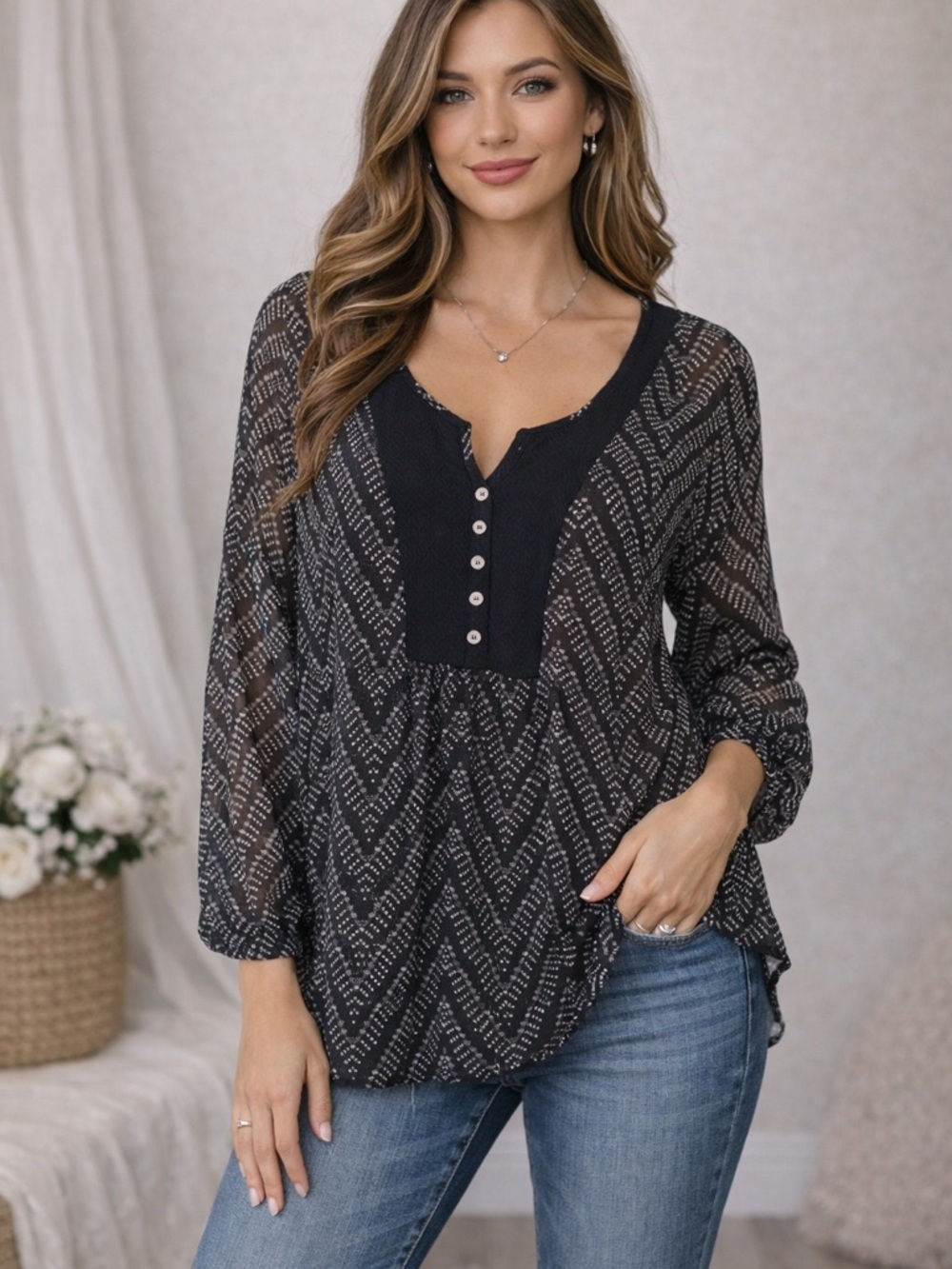 No Boundaries Black Chevron Sheer Tunic with Front Buttons